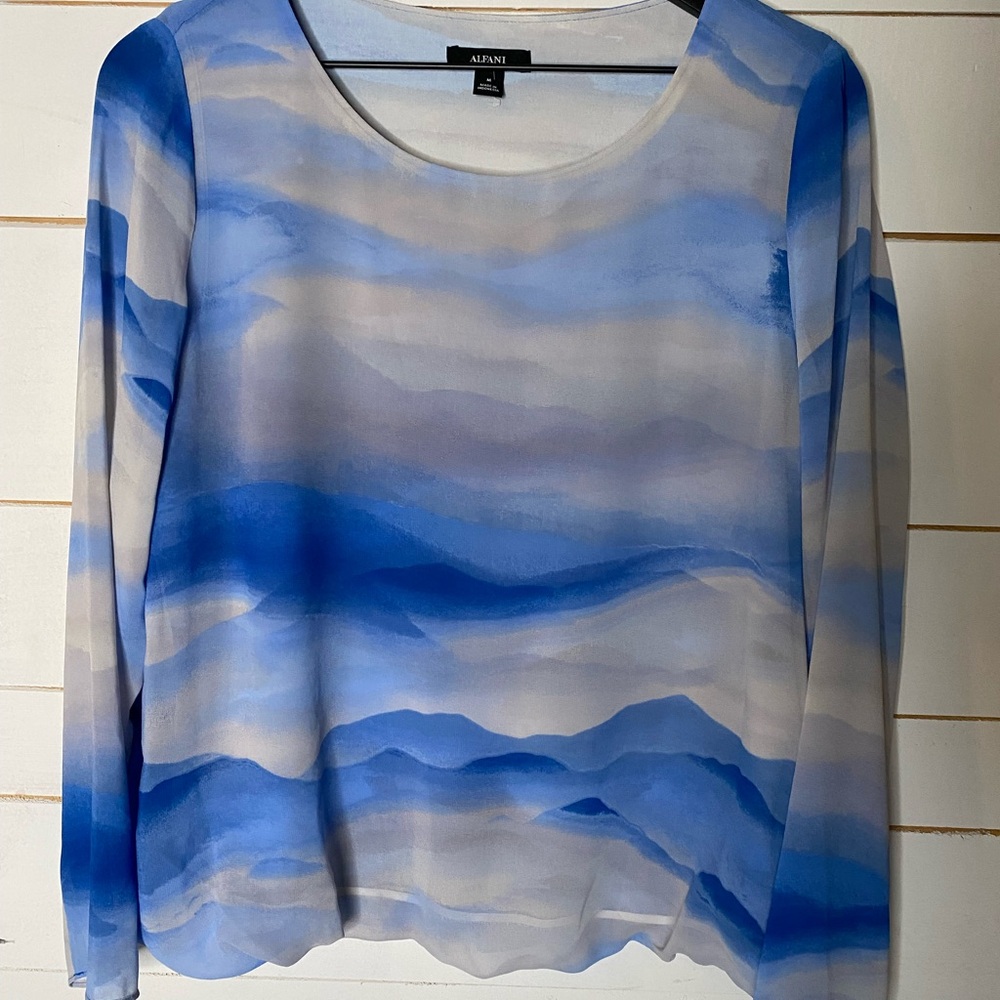 Alfani Women's Blue and White Sheer Blouse